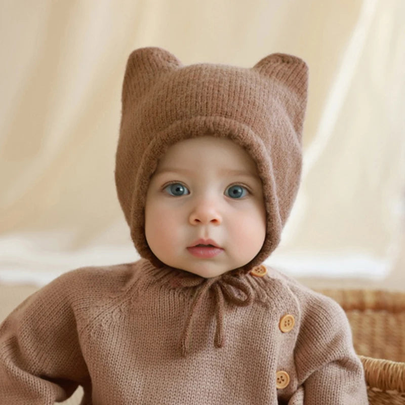 Solid Color Knitted Baby Ear Protection Hat Cute Autumn Winter Warm Earmuffs Beanie Toddler Girls Boys Outdoor Windproof Cap
