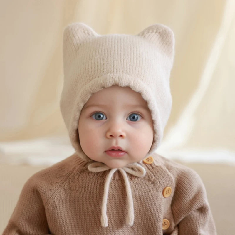 Solid Color Knitted Baby Ear Protection Hat Cute Autumn Winter Warm Earmuffs Beanie Toddler Girls Boys Outdoor Windproof Cap