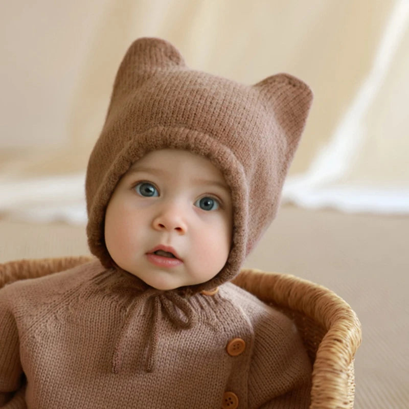 Solid Color Knitted Baby Ear Protection Hat Cute Autumn Winter Warm Earmuffs Beanie Toddler Girls Boys Outdoor Windproof Cap